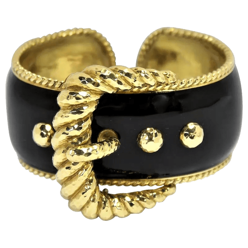 David Webb Black Enamel Gold Buckle Bangle Bracelet