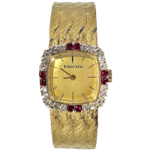 Tiffany & Co. Cushion Shaped Diamond and Ruby Bezel Watch in Yellow Gold